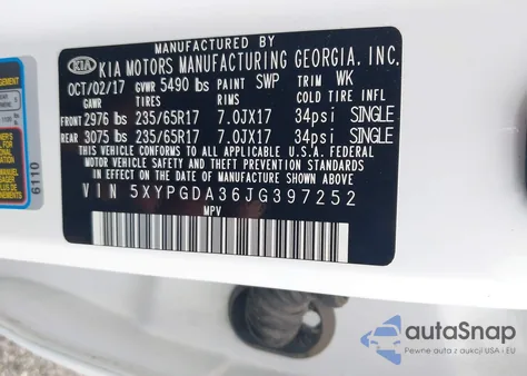 2018 Kia Sorento 2.4L Lx z USA, uszkodzony, nr VIN 5XYPGDA36JG397252